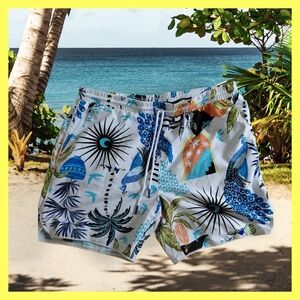 No Boundaries Blue and White Swim Trunks Floral Geometric Design